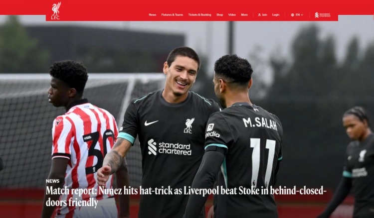 热身赛利物浦5-0斯托克城，努涅斯戴帽，恩古莫哈、基耶萨建功